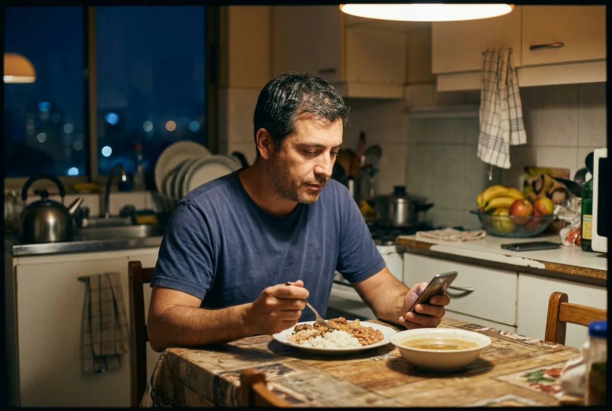Un hombre cena en la mesa de su cocina mientras mira el teléfono